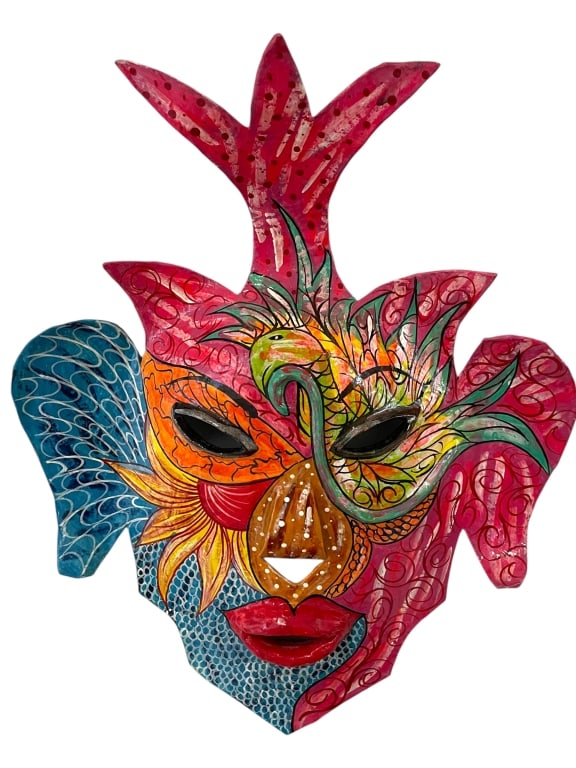 VIBRANT HAND-PAINTED CARNIVAL MASK 17": VIBRANT HAND-PAINTED CARNIVAL MASK - 17" X 13"STRIKING HAND-CRAFTED AND PAINTED MASK WITH AN INTRICATE MULTI-COLOR DESIGN FEATURING FLORAL AND ABSTRACT MOTIFS. BOLD RED, BLUE, ORANGE, AND GREEN HUES C
