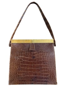 BROWN ALLIGATOR-EMBOSSED LEATHER HANDBAG