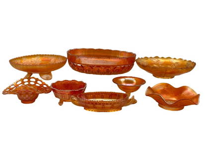 COLLECTION OF 8 CARNIVAL GLASS BOWLS: COLLECTION OF 8 CARNIVAL GLASS BOWLS -VERY GOOD PRE OWNED CONDITION -8 BOWLS -SEE PHOTOS FOR SIZE REFERENCE -BEAUTIFUL AMBER IRIDESCENT GLASS SET INCLUDES 8 UNIQUE PIECES, FEATURING RUFFLED EDGES, OPE