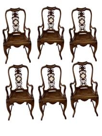 SIX ANTIQUE CARVED WOOD ARMCHAIRS W MARBLE INSERT
