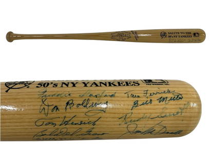 NEW YORK YANKEES SALUTE TO THE 50'S SIGNED BAT: NEW YORK YANKEES "SALUTE TO THE 50's" AUTOGRAPHED NATURAL BASEBALL BAT WITH COA. SIGNED BY 1950'S YANKEES PLAYERS. -VERY GOOD CONDITION -MEASURES 34" X 2.5" -MAS72925 By bidding on this item, you have