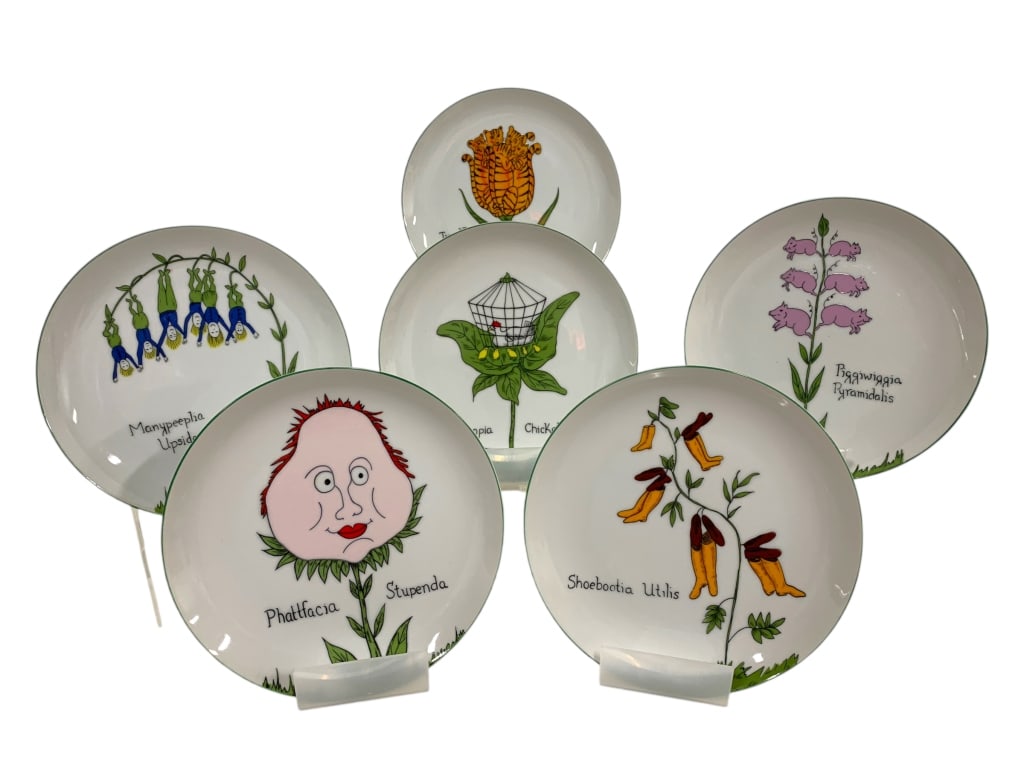 SCULLY & SCULLY NONSENSE BOTANICAL PLATES: SCULLY & SCULLY NONSENSE BOTANICAL PLATES -VERY GOOD PRE-OWNED CONDITION -APPROX 7.5" -SCULLY & SCULLY NONSENSE BOTANICAL PLATES SET FEATURING 6 WHIMSICAL DESIGNS. EACH PLATE SHOWCASES A HUMOROUS FLOR