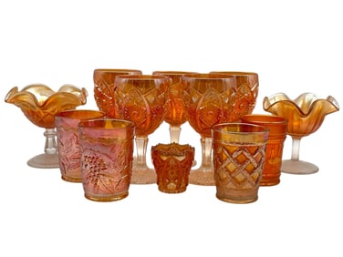 COLLECTION OF CARNIVAL GLASS STEMWARE AND TUMBLERS
