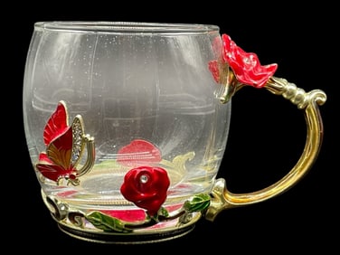 ENAMEL GLASS MUG W/ BUTTERFLY MOTIF