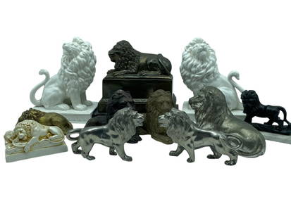 SET OF 11 LION STATUES AND FIGURINES: SET OF 11 LION STATUES AND FIGURINES – CERAMIC, METAL, AND RESIN (VARIOUS MATERIALS) – 3" TO 10"THIS COLLECTION FEATURES 15 LION SCULPTURES AND FIGURINES IN VARIOUS POSES AND MATERIALS INCLUDING C