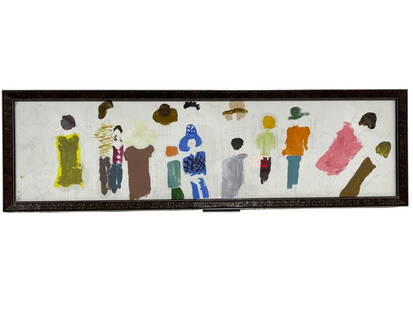 ORIGINAL MIXED-MEDIA FIGURATIVE PAINTING 31": ORIGINAL FRAMED MIXED-MEDIA FIGURATIVE PAINTING – 9" X 31" THIS ORIGINAL MIXED-MEDIA PAINTING DEPICTS AN ABSTRACT LINEUP OF COLORFUL, LOOSELY-RENDERED FIGURES ON A WHITE BACKGROUND, PARTIALLY OUTLIN
