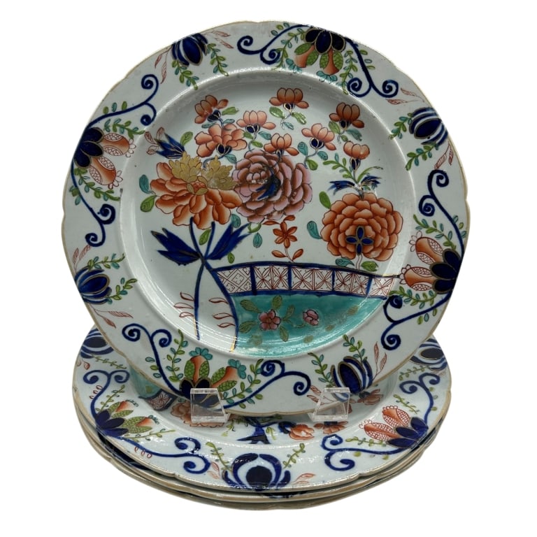SET OF (4) MASON'S IRONSTONE CHINA DINNER PLATES: SET OF 4 ANTIQUE 19TH CENTURY MASON'S IRONSTONE CHINA IMARI-STYLE DINNER PLATES. -VERY GOOD CONDITION -EACH MEASURE APPOX 9.25" X 1" -MAS72925 By bidding on this item, you have read, understand, and a