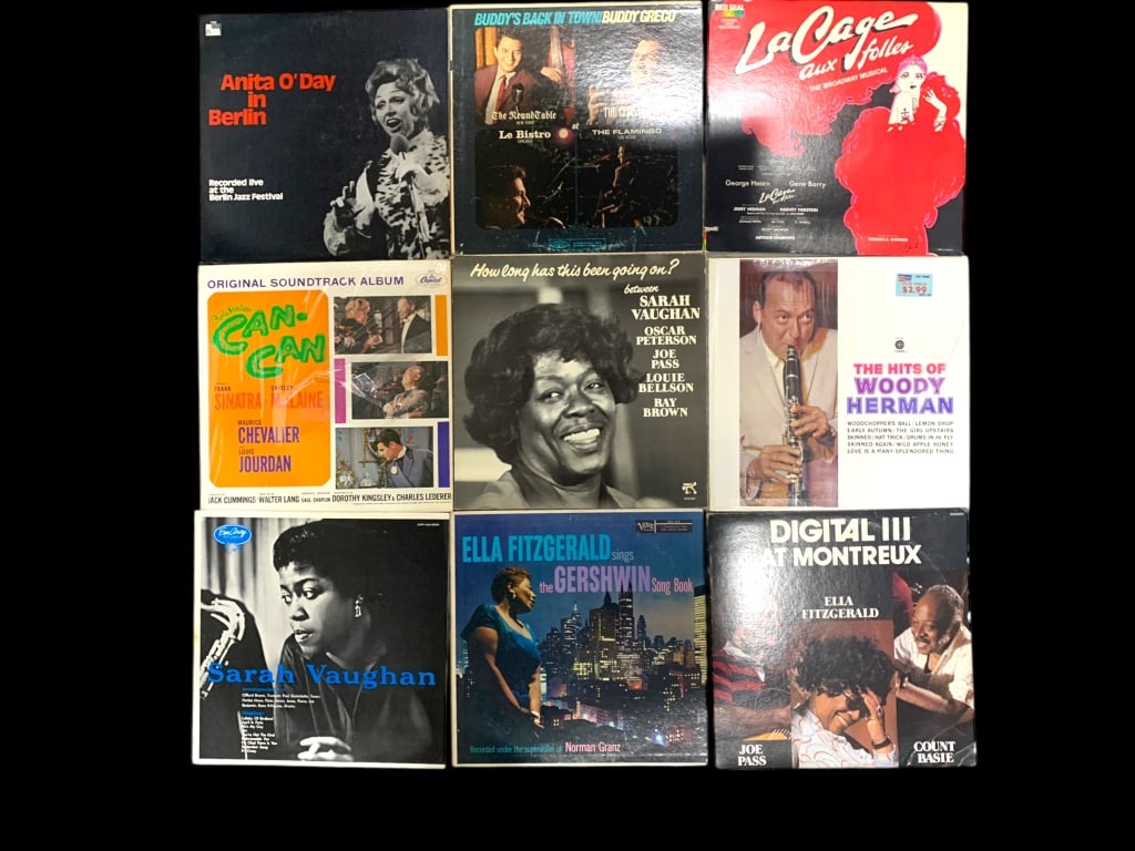 VINTAGE SET OF VINYL RECORDS: VINTAGE RECORD BATCH 1 -CONDITIONS VARY -9 RECORDS ANITA O’DAY IN BERLIN – ANITA O’DAY BUDDY’S BACK IN TOWN – BUDDY GRECO LA CAGE AUX FOLLES – ORIGINAL BROADWAY CAST (GEORGE HEARN, GENE BA