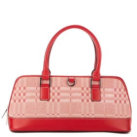 BURBERRY RED LEATHER TRIM CHECK CANVAS HANDBAG