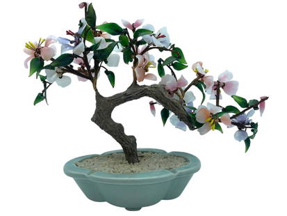 JADE GLASS CHERRY BLOSSOM BONSAI TREE 10": JADE GLASS CHERRY BLOSSOM BONSAI TREE -VERY GOOD PRE-OWNED CONDTION -APPROX 10" -ELEGANT HANDCRAFTED CHERRY BLOSSOM BONSAI TREE FEATURING PETALS AND LEAVES CARVED FROM MULTICOLORED GLASS AND JADE, WIT