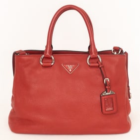 PRADA RED PEBBLED LEATHER TOTE BAG
