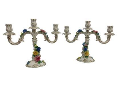 PAIR OF DRESDEN FLORAL CANDELABRAS 12": PAIR OF DRESDEN GERMAN FLORAL CANDELABRAS -GOOD PRE-OWNED CONDITION, ONE CANDELABRA HAS BEEN REPAIRD -APPROX 12" -THIS EXQUISITE PAIR OF THREE-ARM CANDELABRAS FEATURES DETAILED HAND-PAINTED FLORAL DEC