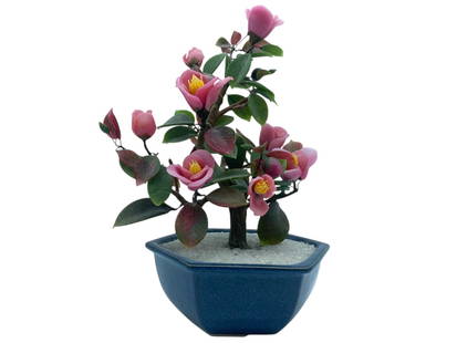 GLASS JADE CHERRY BLOSSOMS BONSAI TREE 12": GLASS JADE CHERRY BLOSSOMS BONSAI TREE -VERY GOOD PRE-OWNED CONDITION -APPROX 12" -BEAUTIFULLY CRAFTED DECORATIVE BONSAI TREE FEATURING DELICATE PINK CHERRY BLOSSOM FLOWERS AND DETAILED JADE GREEN LEA