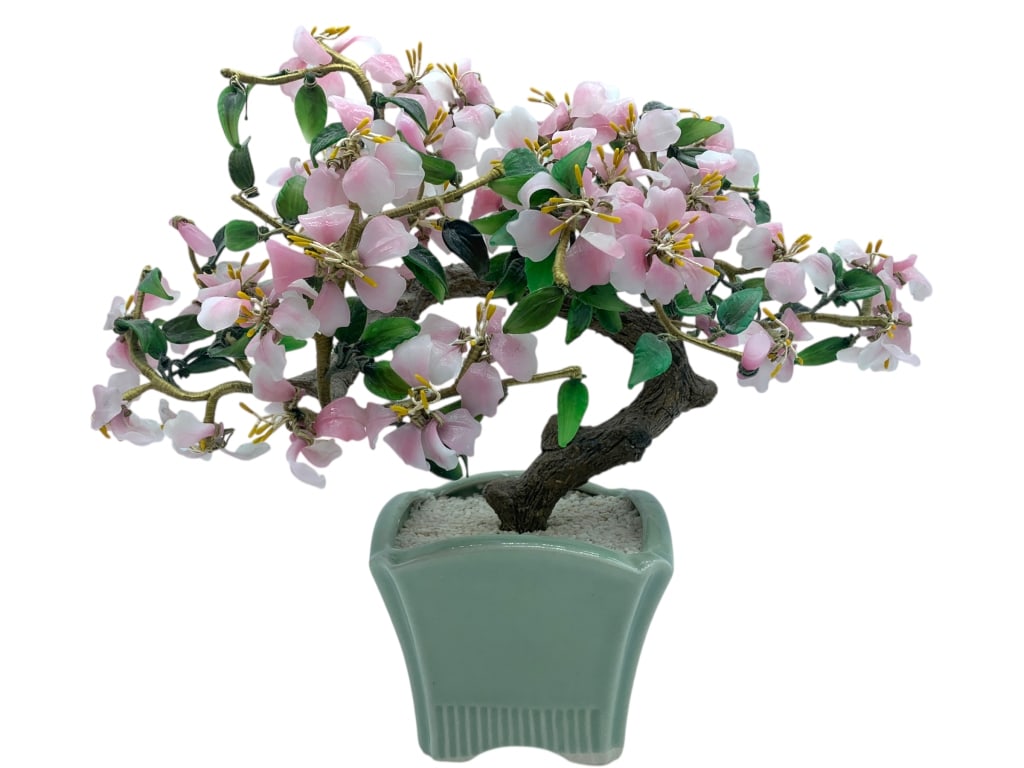 JADE CHERRY BLOSSOM BONSAI TREE 12": JADE CHERRY BLOSSOM BONSAI TREE -VERY GOOD PRE-OWNED CONDITION -APPROX 12" -BEAUTIFULLY HANDCRAFTED CHERRY BLOSSOM BONSAI TREE WITH DELICATE PINK AND WHITE BLOOMS AND LUSH GREEN LEAVES, EACH PAINSTAKI