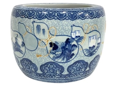 JAPANESE BLUE & WHITE FISH BOWL PLANTER 14"