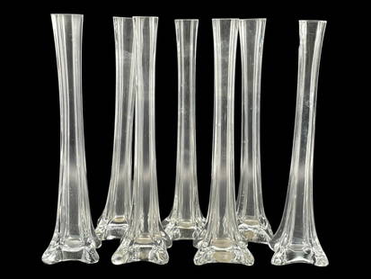 SET OF 7 CLEAR GLASS BUD VASES: SET OF 7 CLEAR GLASS BUD VASES -GOOD PRE OWNED CONDITION, SEE PHOTOS -APPROX 12" X 3" -ELEGANT CLEAR GLASS BUD VASES, EACH WITH A SLENDER FLARED NECK AND SQUARE SHAPED BASE. PERFECT FOR SINGLE STEM AR