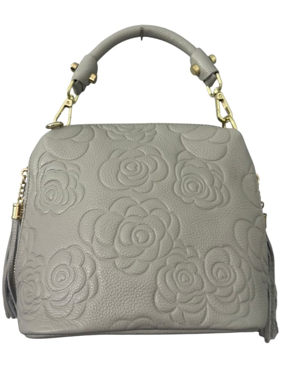 GRAY EMBOSSED LEATHER HANDBAG WITH FLORAL MOTIF (1 of 3)