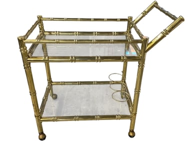 VINTAGE FAUX BAMBOO BRASS AND GLASS BAR CART