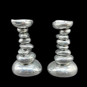 PAIR MICHAEL ARAM SILVER RIVER ROCK CANDLE STICKS
