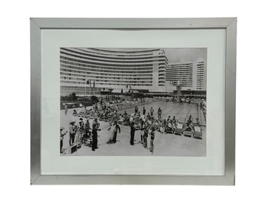 VINTAGE BLACK AND WHITE POOL SIDE PHOTO FRAMED