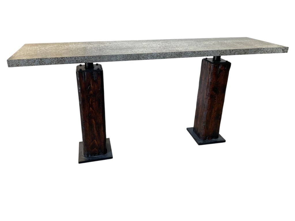 INDUSTRIAL CONSOLE TABLE W METAL CLAD TOP 72": VANGUARD GRANITE-LOOK METAL OVERLAY CONSOLE TABLE – INDUSTRIAL STYLE CONSOLE WITH A SPECKLED METAL OVERLAY TOP THAT MIMICS GRANITE, RESTING ON TWO CHUNKY DARK STAINED WOOD BLOCK LEGS WITH IRON BASE
