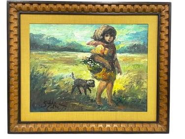S. COHEN OIL PAINTING GIRL W DOG 21.5"
