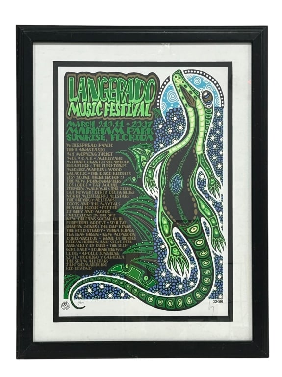 2007 JEFF WOOD LANGERADO MUSIC FESTIVAL 66/600: STUNNING LIMITED-EDITION 2007 LANGERADO MUSIC FESTIVAL POSTER BY JEFF WOOD FEATURING A VIBRANT GREEN & BLUE ALLIGATOR DESIGN AND GOLD TEXT, LISTING LEGENDARY JAMBAND HEADLINERS INCLUDING WIDESPREAD PA
