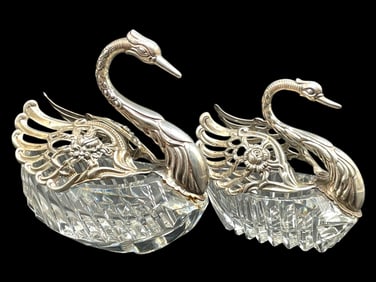 PAIR OF CRYSTAL AND SILVER SWAN SALT CELLARS