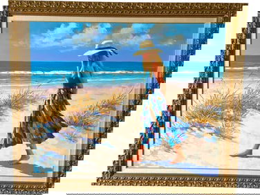 LARGE FRAMED BEACH WALK PAINTING 70.5"