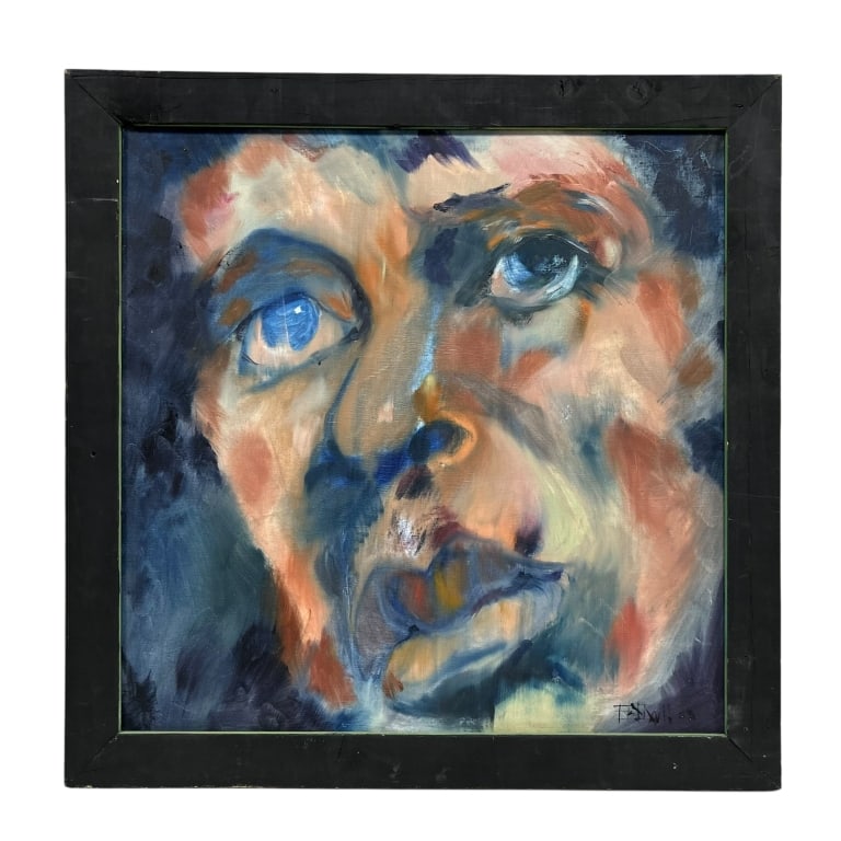 EXPRESSIONIST PORTRAIT OIL PAINTING ON CANVAS: THIS BOLD AND EMOTIVE WORK FEATURES A CLOSE-UP, ABSTRACTED HUMAN FACE COMPOSED IN VIBRANT BRUSHSTROKES OF BLUE, ORANGE, AND FLESH TONES. THE EXPRESSIVE STYLE AND INTENSE GAZE DRAW THE VIEWER INTO THE 