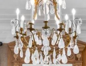 BRASS AND CRYSTAL CHANDELIER WITH TEARDROP PRISMS