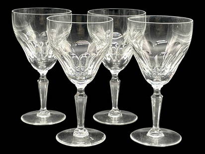 4 VAL ST LAMBERT CUT CRYSTAL WINE GLASSES: 4 VAL ST LAMBERT CUT CRYSTAL WINE GLASSES -VERY GOOD PRE OWNED CONDITION -SET OF 4 GLASSES -APPROX 6" X 2.75" -FEATURING PANEL CUT BOWLS, FACETED STEMS, AND A CLASSIC FLARED SHAPE. THESE GLASSES ADD E