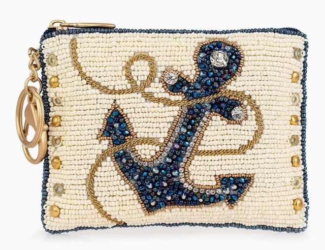 NEW MARY FRANCES HOOKED UP CHANGE PURSE/KEY RING: NEW MARY FRANCES HOOKED UP CHANGE PURSE/KEY RING -A COIN PURSE FEATURING A STRIKING ANCHOR DESIGN, DETAILED WITH SHIMMERING BEADS AND METALLIC ACCENTS. A PRACTICAL PIECE WITH A NAUTICAL FLAIR. PURSE D