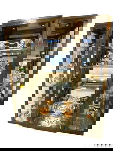 3 PC MASTERCRAFT STYLE BRASS DISPLAY CABINET 80": 3 PIECE MASTERCRAFT STYLE BRASS AND GLASS ETAGERE DISPLAY CABINET WITH GLASS DOORS AND MIRRORED BACKIMPRESSIVE MID-CENTURY MODERN DISPLAY UNIT ATTRIBUTED TO MASTERCRAFT, FEATURING THREE CONNECTED ETAG