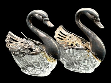 PAIR OF VINTAGE GLASS AND SILVER SWAN SALT CELLARS