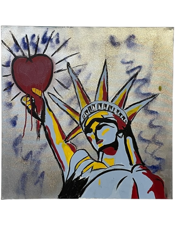 G. KRAUS STATUE OF LIBERTY WITH HEART PAINTING 24": GABRIELA KRAUS – STATUE OF LIBERTY WITH HEART PAINTING | CONTEMPORARY MIXED-MEDIA ACRYLIC ON CANVAS BY GABRIELA KRAUS, SHOWING A DRAMATIC, COLORFUL RENDERING OF THE STATUE OF LIBERTY HOLDING A RED H