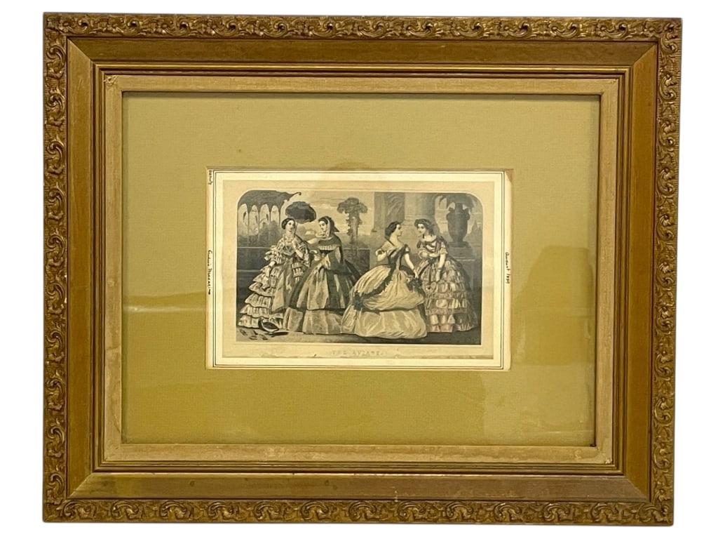 FRAMED PRINT OF FOUR ELEGANTLY DRESSED WOMEN 20": FRAMED PRINT OF FOUR ELEGANTLY DRESSED WOMEN 20"_x005F -VERY GOOD PRE OWNED CONDITION_x005F -APPROX 20' X 1.5" X 16.25"_x005F -THE PRINT IS MATTED WITH A BEIGE BACKGROUND AND PROTECTIVE GLASS FRONT._x