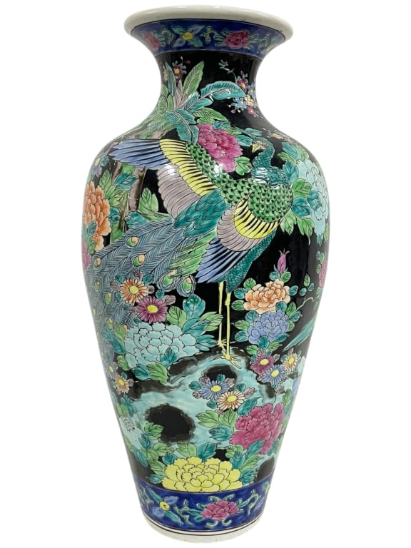 ASIAN FAMILLE NOIRE STYLE PORCELAIN VASE 18": ASIAN FAMILLE NOIRE STYLE PORCELAIN VASE WITH PEACOCK DESIGN 18"_x005F -VERY GOOD PRE OWNED CONDITION_x005F -APPROC 9" X 18.25", OPENING APPROX 6"_x005F -STRIKING BLACK BACKGROUND WITH VIBRANT MULTICO