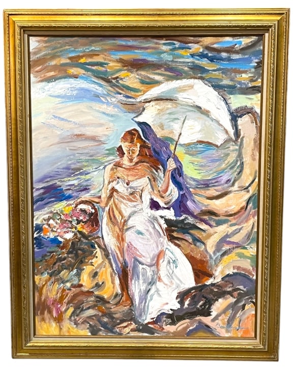 BEN GEORGIA LARGE IMPRESSIONIST OIL CANVAS 55.5": BEN GEORGIA LARGE IMPRESSIONIST OIL ON CANVAS – WOMAN WITH PARASOLMONUMENTAL IMPRESSIONIST OIL PAINTING BY BEN GORHAM, DEPICTING A GRACEFUL WOMAN IN WHITE HOLDING A PARASOL AMIDST A SWIRLING, COLORF