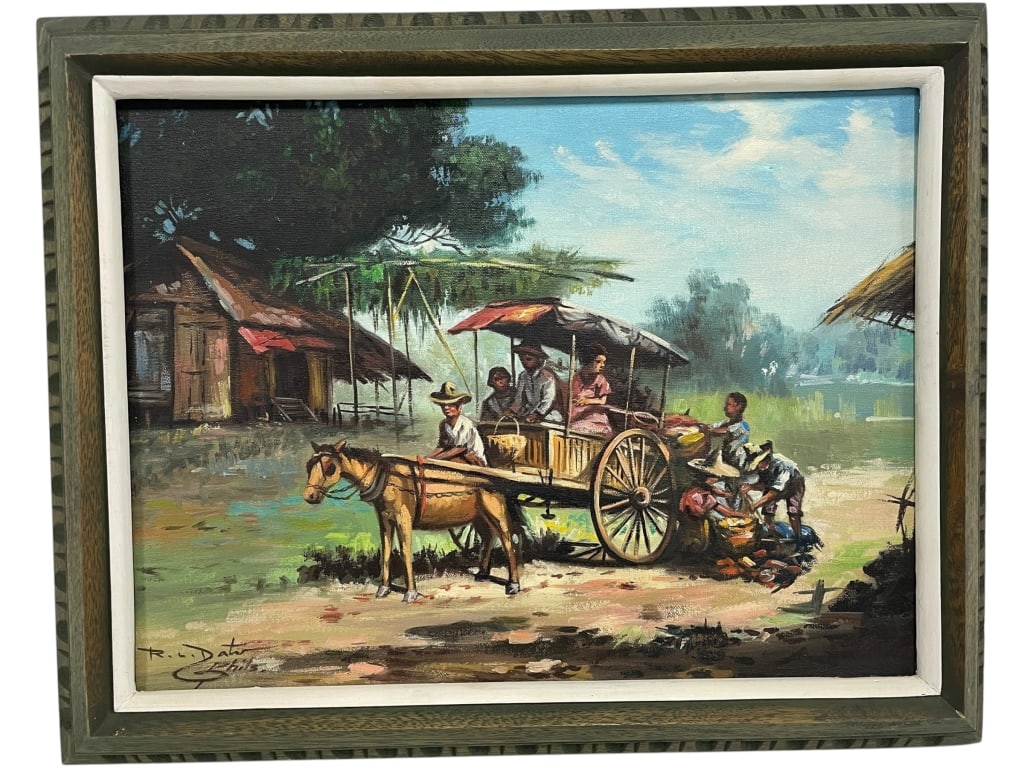 ORIGINAL OIL ON CANVAS VILLAGE PAINTING 19": ORIGINAL OIL ON CANVAS PAINTING SIGNED BY R. DATOS, DEPICTING A VIBRANT RURAL SCENE WITH A HORSE-DRAWN CART CARRYING PASSENGERS THROUGH A VILLAGE. THE COMPOSITION FEATURES TRADITIONAL THATCHED HOMES, 