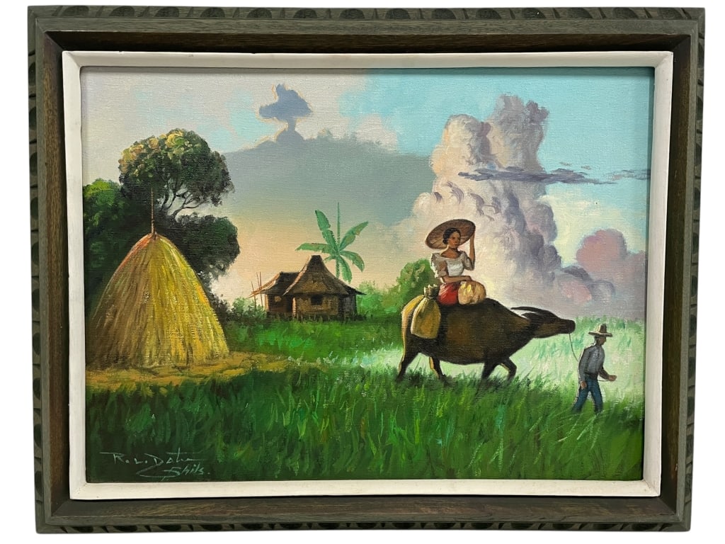 ORIGINAL OIL ON CANVAS VILLAGE PAINTING 19" (1 of 5)