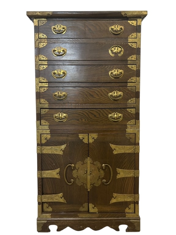 ASIAN WOODEN TALLBOY CHEST WITH BRASS ACCENTS 36" (1 of 16)