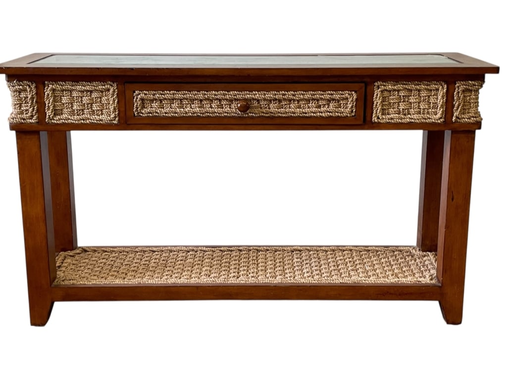 WOOD AND WOVEN ROPE ACCENT COFFEE TABLE 46" (1 of 8)