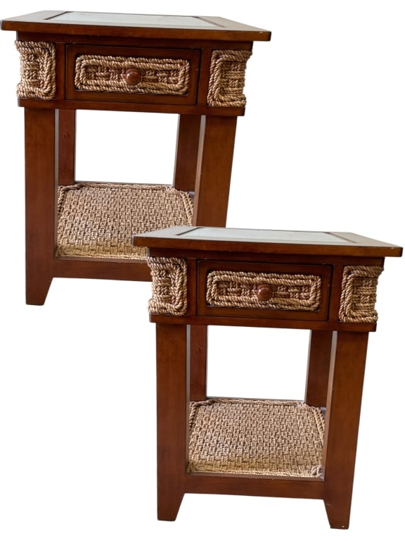 PAIR OF WOOD AND WOVEN ROPE ACCENT SIDE TABLES 24" (1 of 6)