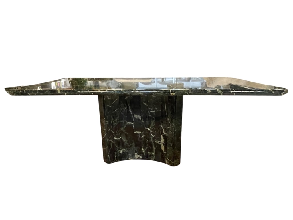 MID MOD STYLE GREEN MARBLE DINING TABLE 76": MID-CENTURY MODERN STYLE GREEN MARBLE DINING OR CONSOLE TABLE. THIS SUBSTANTIAL TABLE FEATURES A RECTANGULAR TOP WITH SLIGHTLY ANGLED EDGES, RESTING ON A SOLID MARBLE PEDESTAL BASE. THE DARK GREEN MAR