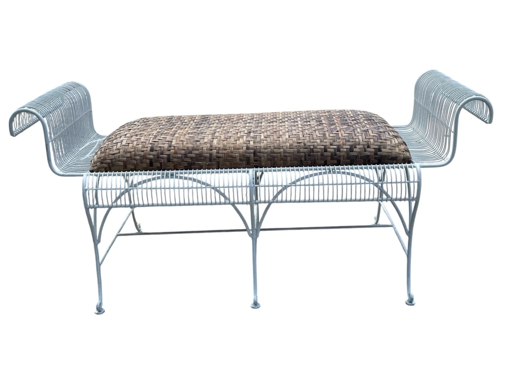 VINTAGE WROUGHT IRON WIRE BENCH WITH WOVEN SEAT (1 of 8)
