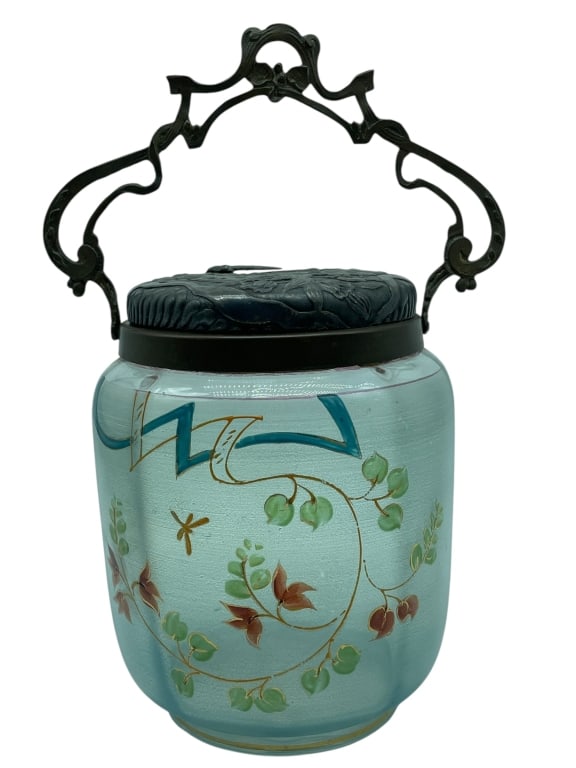 ANTIQUE ART NOUVEAU ENAMELED GLASS BISCUIT BARREL: ART NOUVEAU ENAMELED GLASS BISCUIT BARREL ATTRIBUTED TO VICTOR SAGLIER, 1900'S -ELEGANT ART NOUVEAU GLASS BISCUIT BARREL, ATTRIBUTED TO FRENCH DESIGNER VICTOR SAGLIER, CIRCA 1900. THE FROSTED, HAND-EN