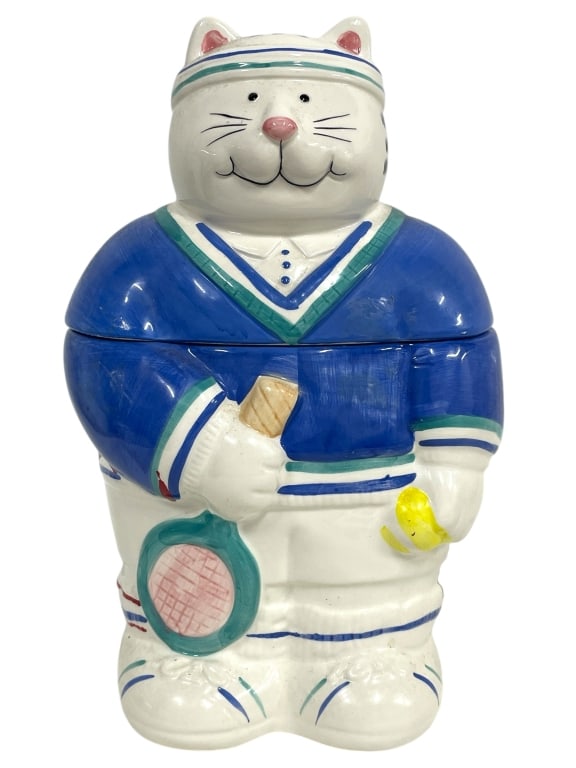 VINTAGE CERAMIC CAT TENNIS PLAYER COOKIE JAR 12" (1 of 8)