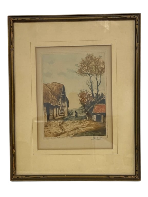 VINTAGE SIGNED ETCHING OF A RUSTIC VILLAGE SCENE (1 of 5)