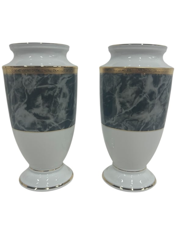 PAIR OF NORITAKE “MAJESTIC BLACK?? FLOWER VASES 9": - ELEGANT PORCELAIN VASES WITH A BLACK MARBLE-INSPIRED BAND AND GOLD SCROLLWORK TRIM– PATTERN: MAJESTIC BLACK (M167), MODEL 91875– IMPORTED BY NORITAKE CANADA LTD., MADE IN SRI LANKA– INCLUDES O